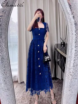 Bahar Giysileri Yeni kadın High-End Retro Klasik Mavi Dantel uzun elbise ışık lüks yüksek bel ince Kadınsı orta uzunlukta elbise  5