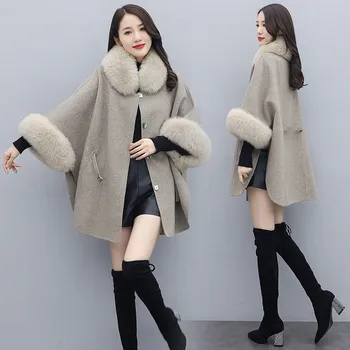 Pelerin Yün Ceket Kadın Sonbahar Kış Moda Mizaç Kore Gevşek Orta Uzunlukta Pelerin Sıcak Yün Ceket Kadın Palto G2344  5