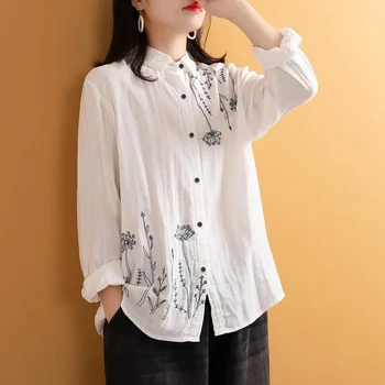 Pamuk %100 % Nakış Kadın Beyaz Gömlek Sonbahar Vintage 2021 Düz Rahat Tüm Maç Kadın Dış Giyim Palto Tops  5