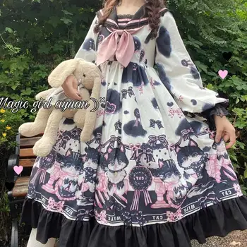 Japon Kawaii Denizci Yaka Lolita Elbiseler Sevimli Kedi İlmek Ruffles Tatlı Kadın Vestido Prenses Parti Femme Robe  4