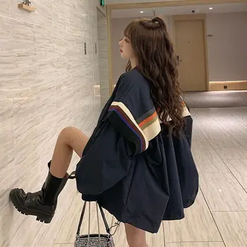Kadın Chic Harajuku Retro Giyim Temel Ceketler Sonbahar Gevşek Patchwork Kore Tarzı Fermuar Rahat Bf Ulzzang Tarzı Streetwear  5