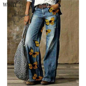 Kadın Geniş Bacak Pantolon Pantolon Sahte Denim Orta Bel Moda Rahat Geniş Bacak Baskı Tam Boy Konfor Çiçek / Çiçek  3