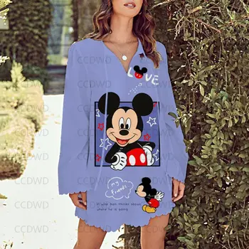 Minnie Mouse Moda Parti Elbiseler Kadın Giysileri Mickey Plaj Elbise Dantel Zarif Elbiseler Kadınlar için Petal Kollu Disney Seksi Mini  5