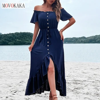 MOVOKAKA Yaz Kadın Zarif Düğme uzun elbise Parti Rahat Tatil Plaj Seksi Kapalı Omuz Vestidos Fırfır Ofis kadın elbiseleri  5