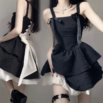 Ilmek Askı Elbise Bel Kek Kabarık Etek Prenses Etek Tatil Fransız siyah elbise Kadınlar için  4