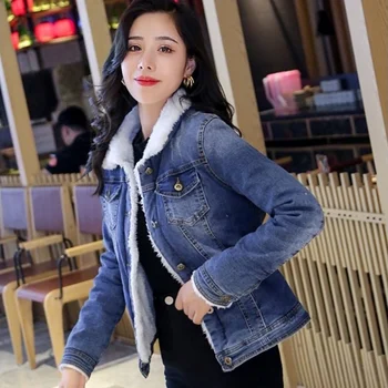 Denim Kış Kısa Palto Kadınlar Yeni Moda İnce Uzun Kollu Pamuklu Jean Ceket Kalınlaşmak Sıcak Mavi Kadın Giyim XS-2XL  4