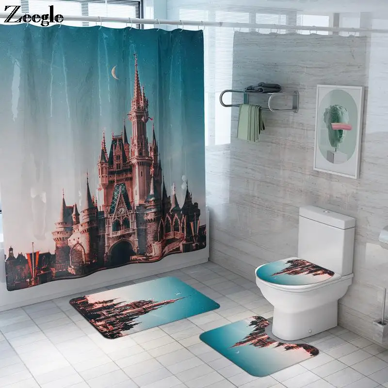 Duş Perdesi Polyester banyo mat seti 4 ADET Tuvalet U Şeklinde Ayak Mat banyo halısı Seti Baskı Yaratıcı Ev Dekor Banyo Paspas