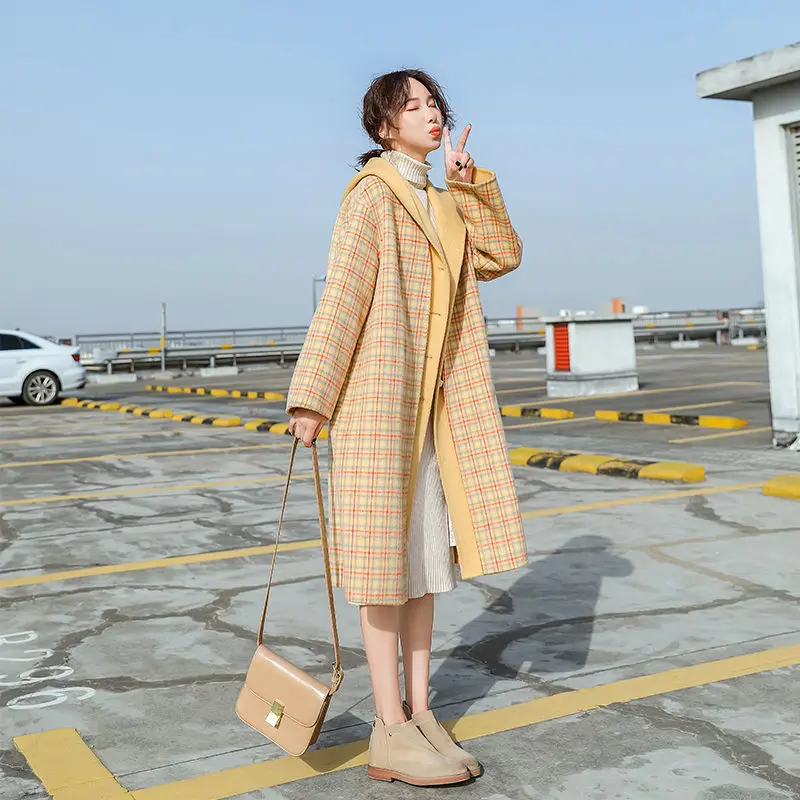 Ekose Yün Ceket kadın Orta uzunlukta Sonbahar ve Kış Yeni Ceket İns İnce ve Kalın Yün Ceket