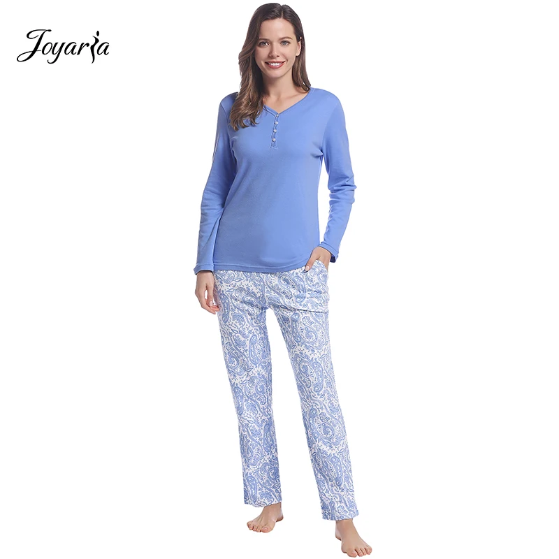 Joyaria 2 Parça Bayan Pamuklu Pijama Takımı Desenli Gecelik Süper Yumuşak Pijama Rahat Loungewear Uzun Kollu