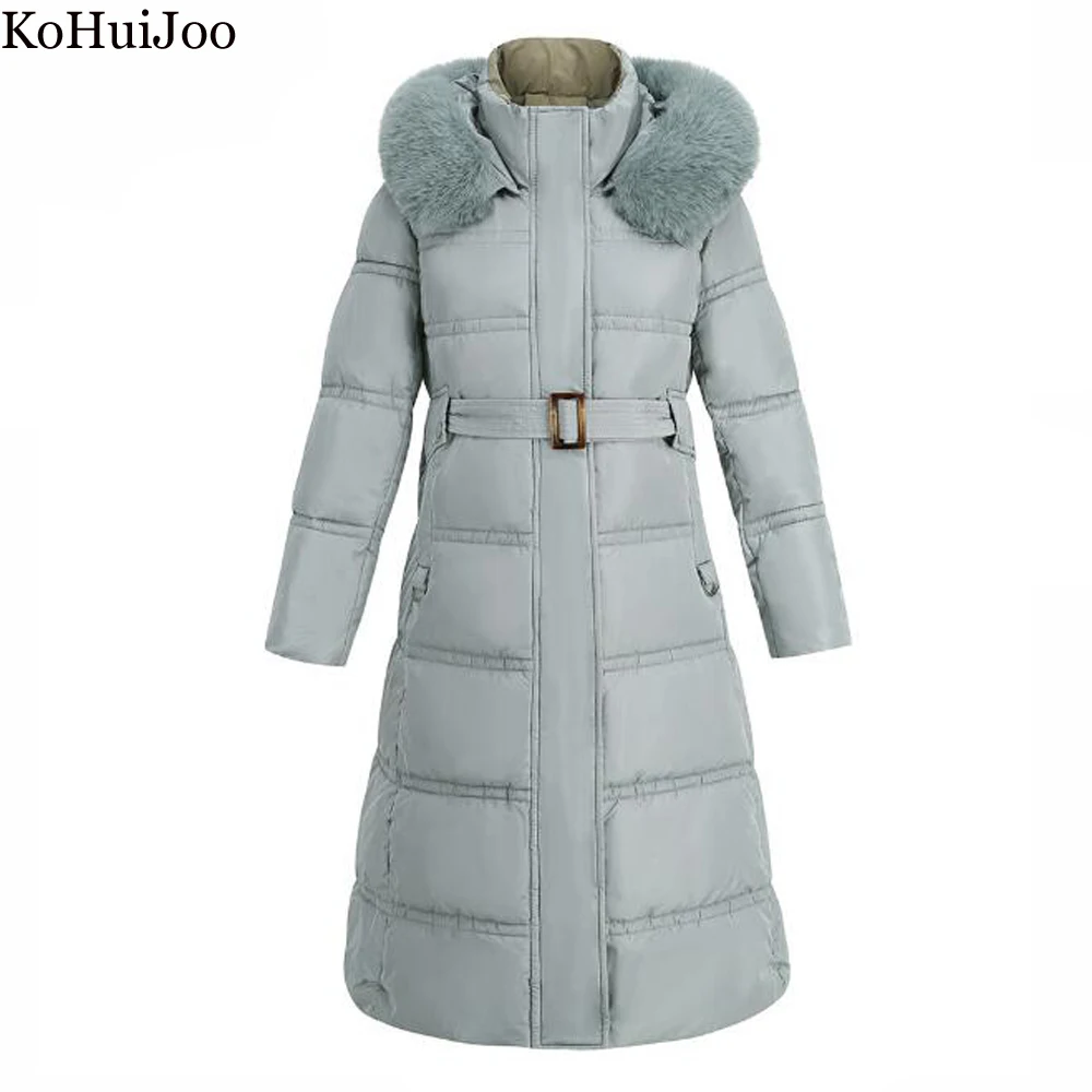KoHuiJoo Kış Ceket Kadınlar 2022 Kontrast Renk Kış İnce İnce Uzun Kalın Sıcak Parkas Palto Kürk Kapşonlu Aşağı Ceket Kadın