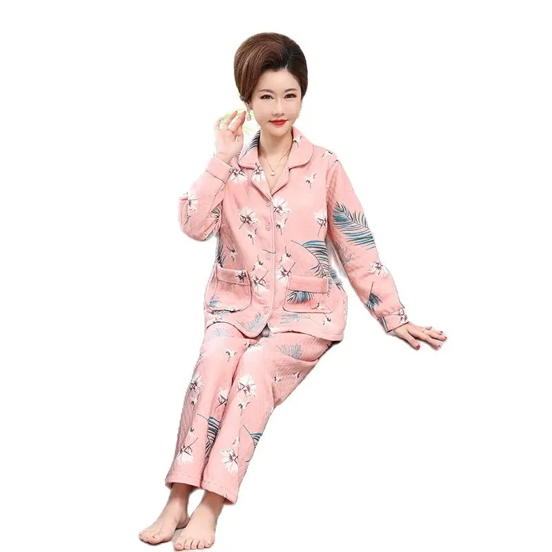 Kış Kalın Sıcak Pijama Kadın Pijama Klip pamuklu pijamalar Seti Uzun Kollu Rahat Yumuşak 3XL Kadın Gecelik