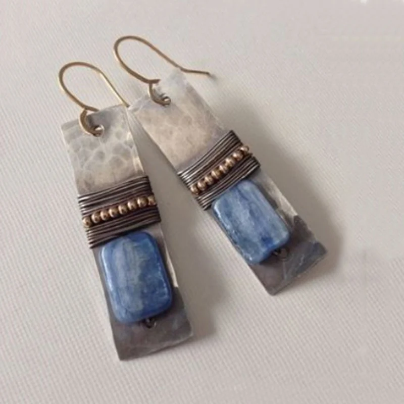 Vintage Pendientes Lacivert Taş Geometrik Küpe Boho Hint Tribal Lapis Lazuli Dangle Küpe Kadınlar için moda takı